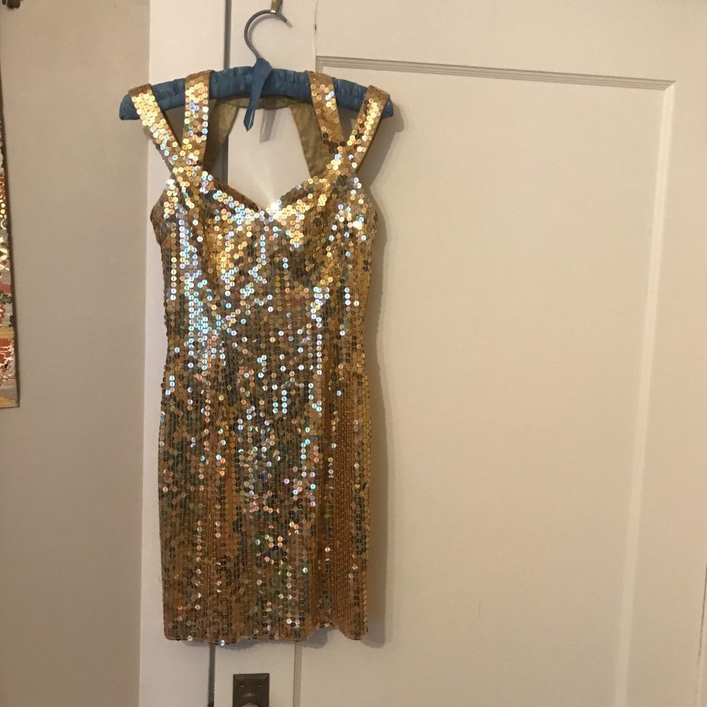 Vintage-1980s-Niteline by Delia Roufogali Gold Sequin Mini Dress-Small